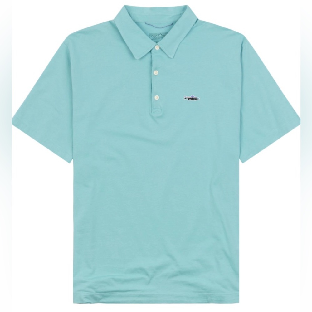 Patagonia Men’s Size Medium Trout Fitz Roy 100% Organic Cotton Dam‎ Blue Polo